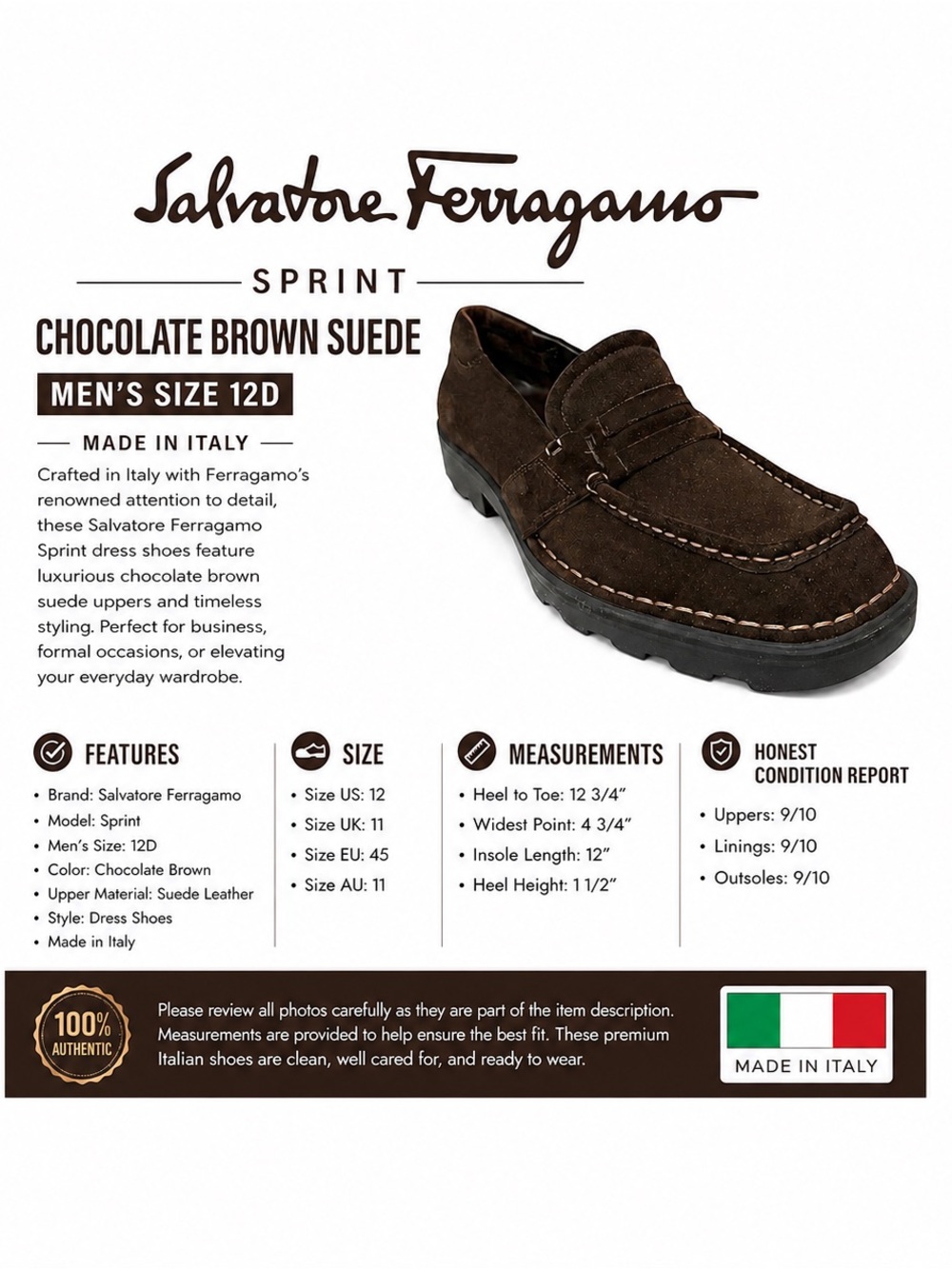 Salvatore Ferragamo Brown Suede Loafers Shoes Men’s Size 12D Made in Italy